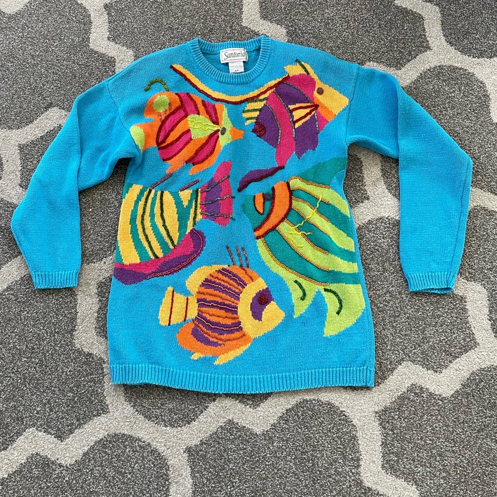 Vintage Santoria fish with beads blue sweater women’s medium